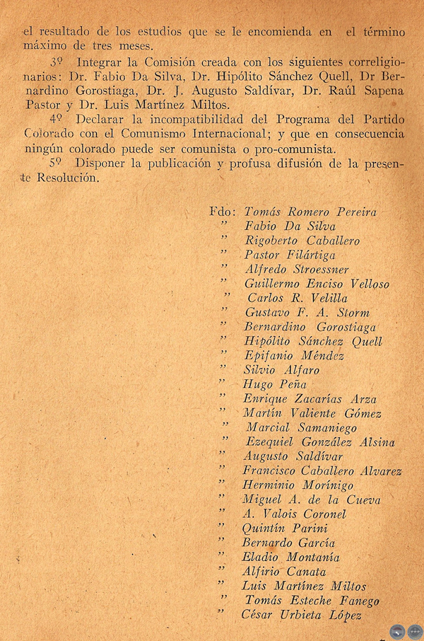COLORADISMO PARAGUAYO FRENTE A LA ORGANIZACIÓN COMUNISTA INTERNACIONAL, 1954 - FIRMADO POR ALFREDO STROESSNER (RESOLUCIÓN JUNTA DE LA ANR)